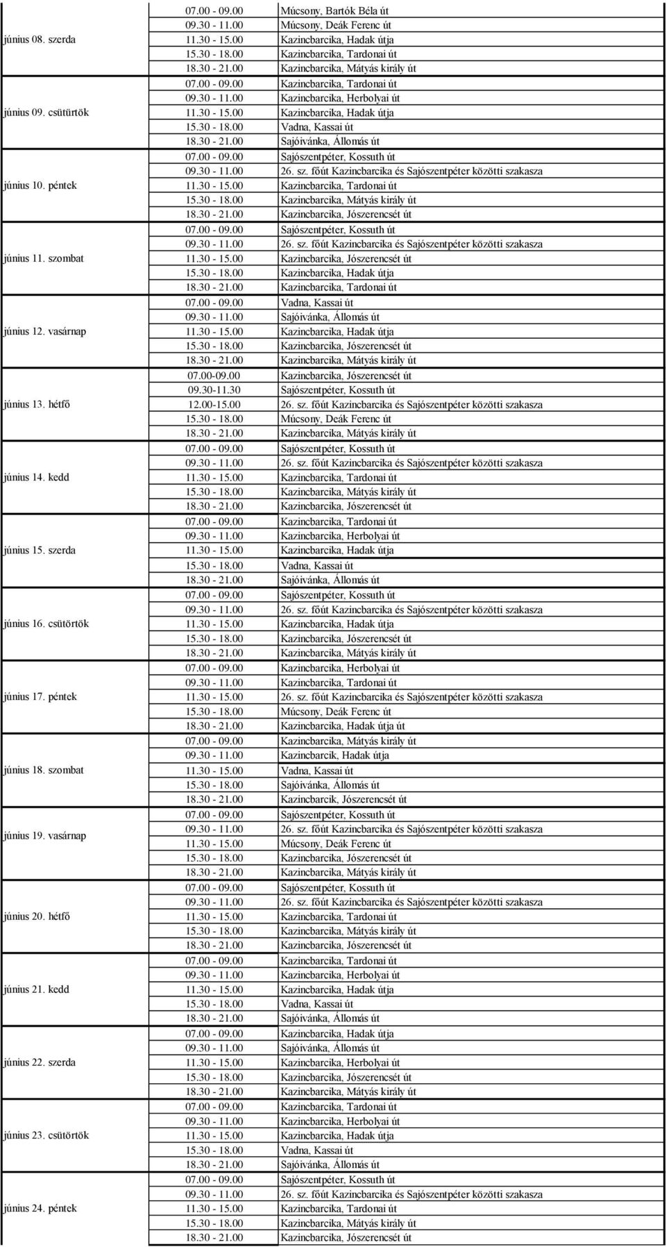 00 Kazincbarcika, Tardonai út 07.00-09.00 Kazincbarcika, Tardonai út 09.30-11.00 Kazincbarcika, Herbolyai út 15.30-18.00 Vadna, Kassai út 18.30-21.00 Sajóivánka, Állomás út 11.30-15.