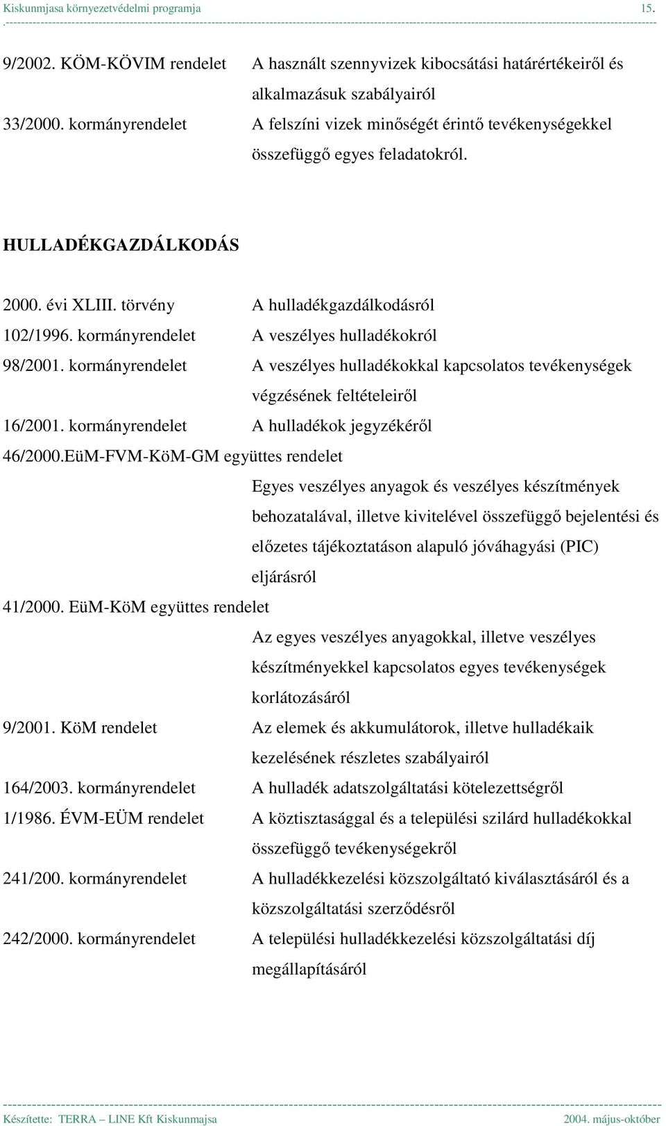 kormányrendelet A veszélyes hulladékokról 98/2001. kormányrendelet A veszélyes hulladékokkal kapcsolatos tevékenységek végzésének feltételeiről 16/2001.