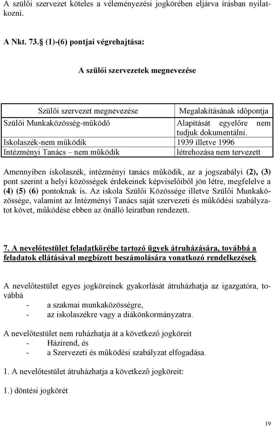 Iskolaszék-nem működik 1939 illetve 1996 Intézményi Tanács nem működik létrehozása nem tervezett Amennyiben iskolaszék, intézményi tanács működik, az a jogszabályi (2), (3) pont szerint a helyi