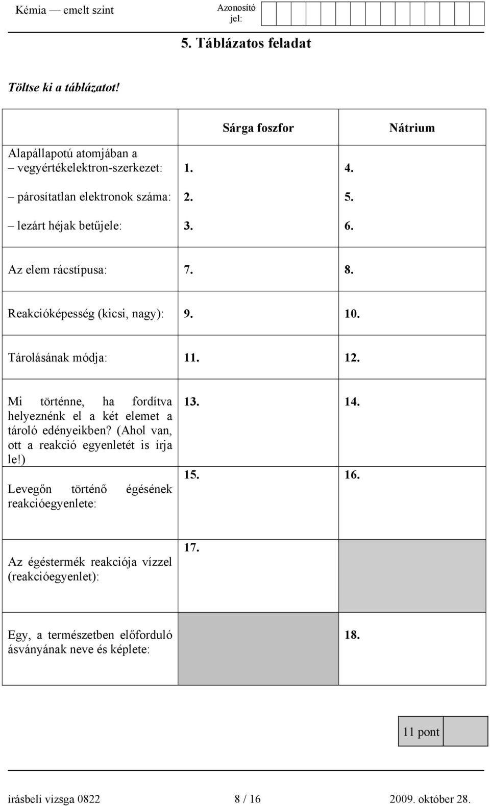 Az elem rácstípusa: 7. 8. Reakcióképesség (kicsi, nagy): 9. 10. Tárolásának módja: 11. 12.