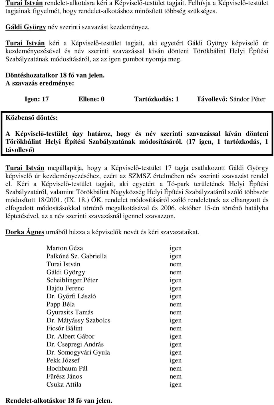 Turai István kéri a Képvisel -testület tagjait, aki egyetért Gáldi György képvisel úr kezdeményezésével és név szerinti szavazással kíván dönteni Törökbálint Helyi Építési Szabályzatának