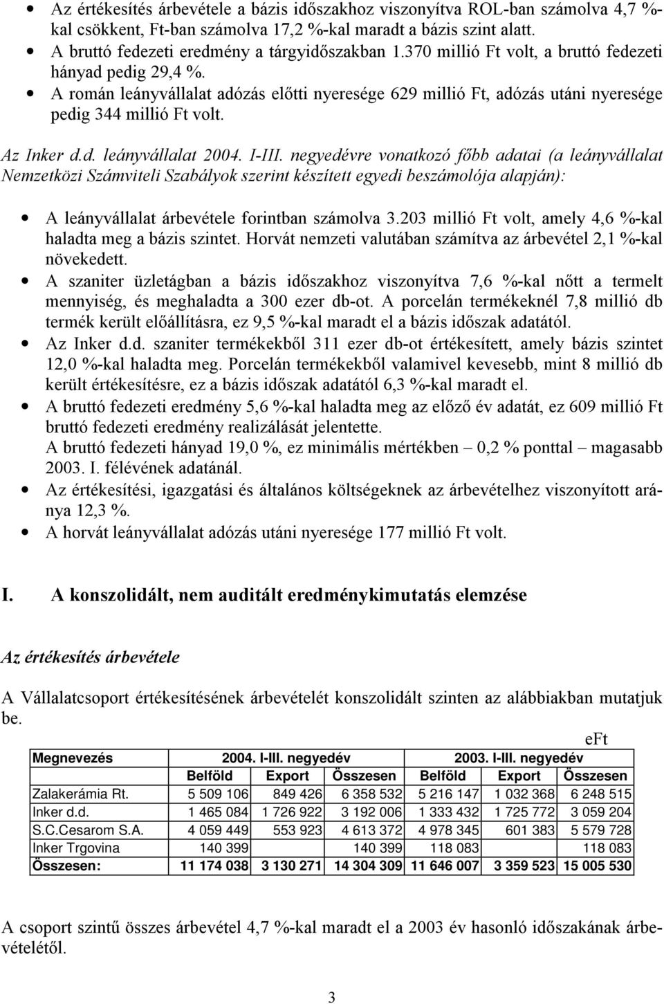 I-III. negyedévre vonatkozó főbb adatai (a leányvállalat Nemzetközi Számviteli Szabályok szerint készített egyedi beszámolója alapján): A leányvállalat árbevétele forintban számolva 3.