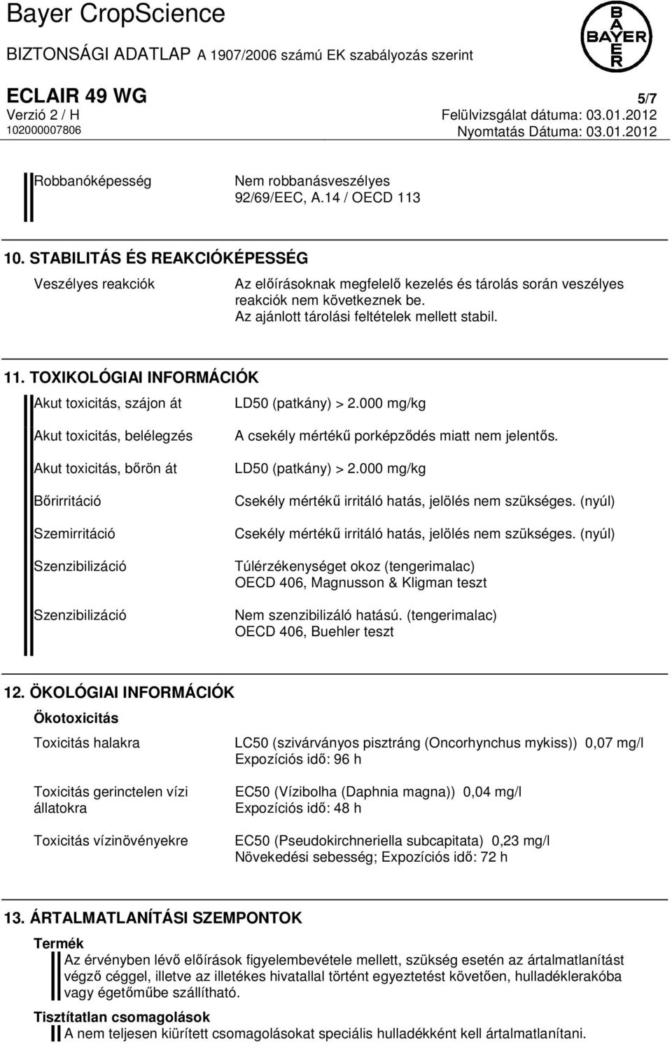 TOXIKOLÓGIAI INFORMÁCIÓK Akut toxicitás, szájon át LD50 (patkány) > 2.