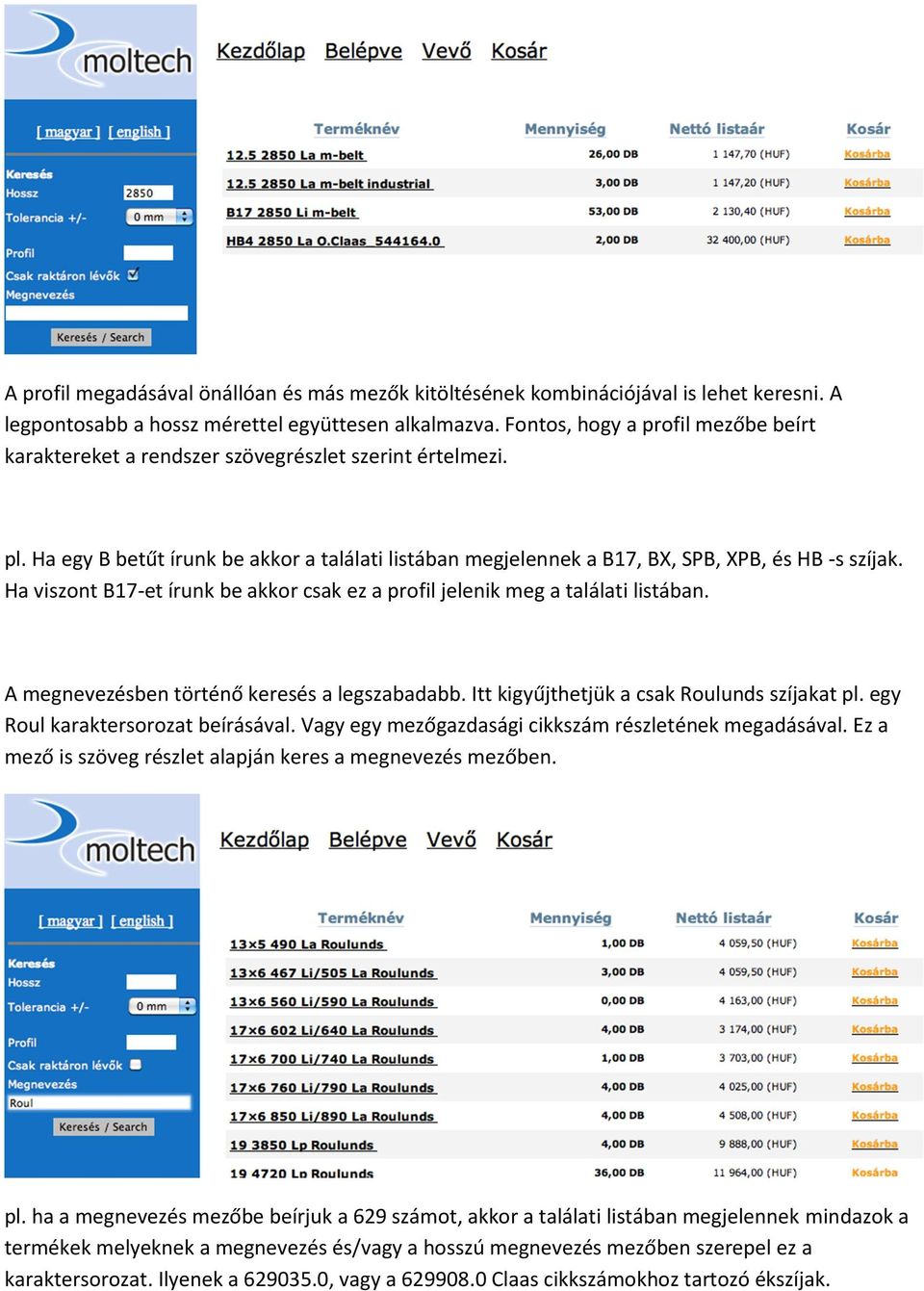 Ha viszont B17-et írunk be akkor csak ez a profil jelenik meg a találati listában. A megnevezésben történő keresés a legszabadabb. Itt kigyűjthetjük a csak Roulunds szíjakat pl.