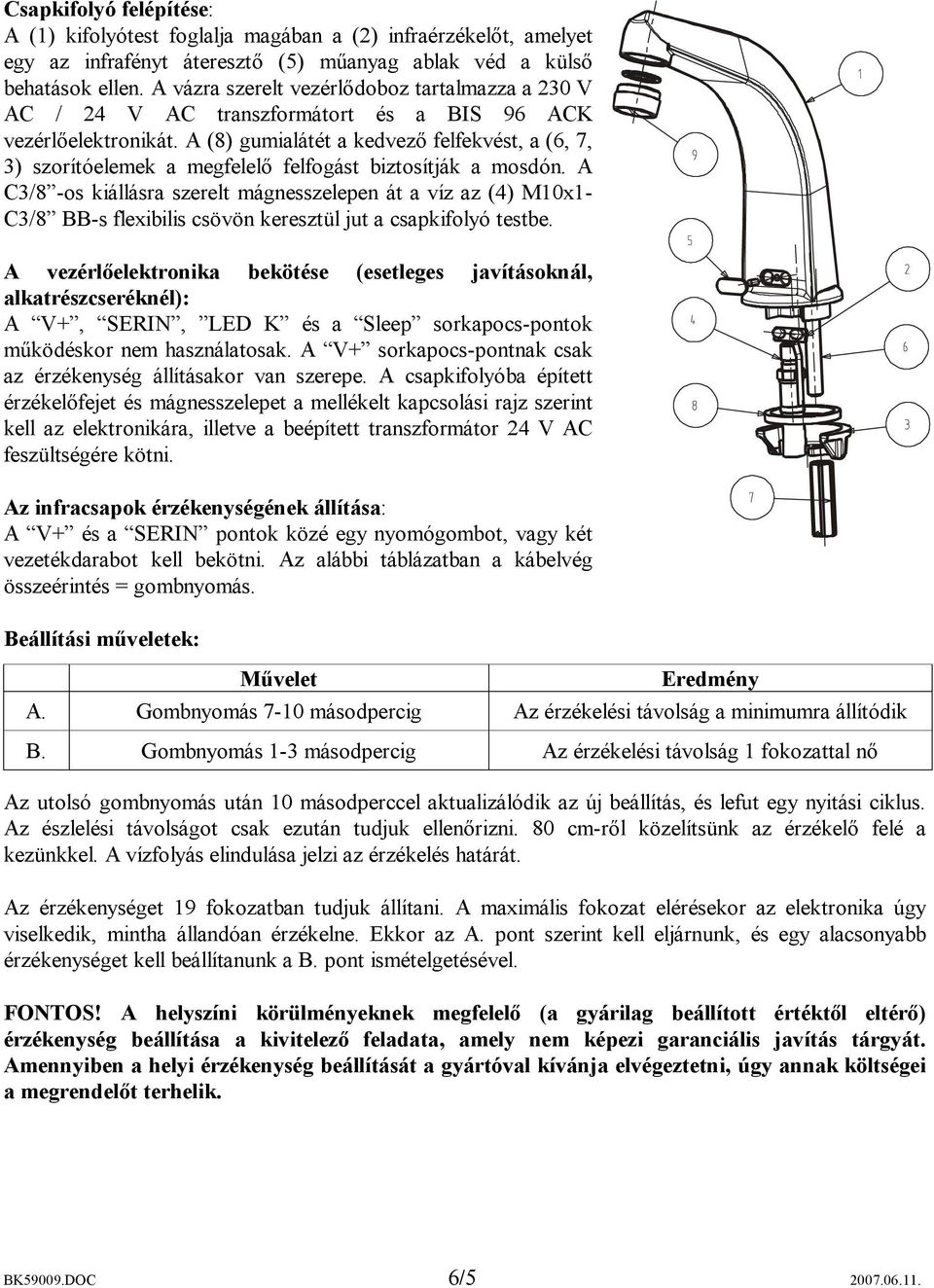 A (8) gumialátét a kedvező felfekvést, a (6, 7, 3) szorítóelemek a megfelelő felfogást biztosítják a mosdón.