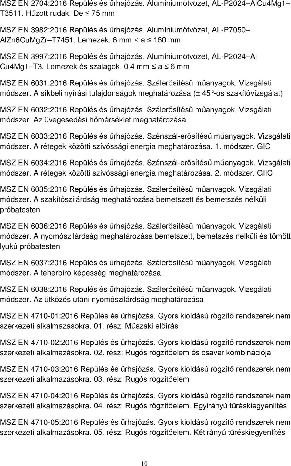 Vizsgálati módszer. A síkbeli nyírási tulajdonságok meghatározása (± 45 -os szakítóvizsgálat) MSZ EN 6032:2016 Repülés és űrhajózás. Szálerősítésű műanyagok. Vizsgálati módszer.