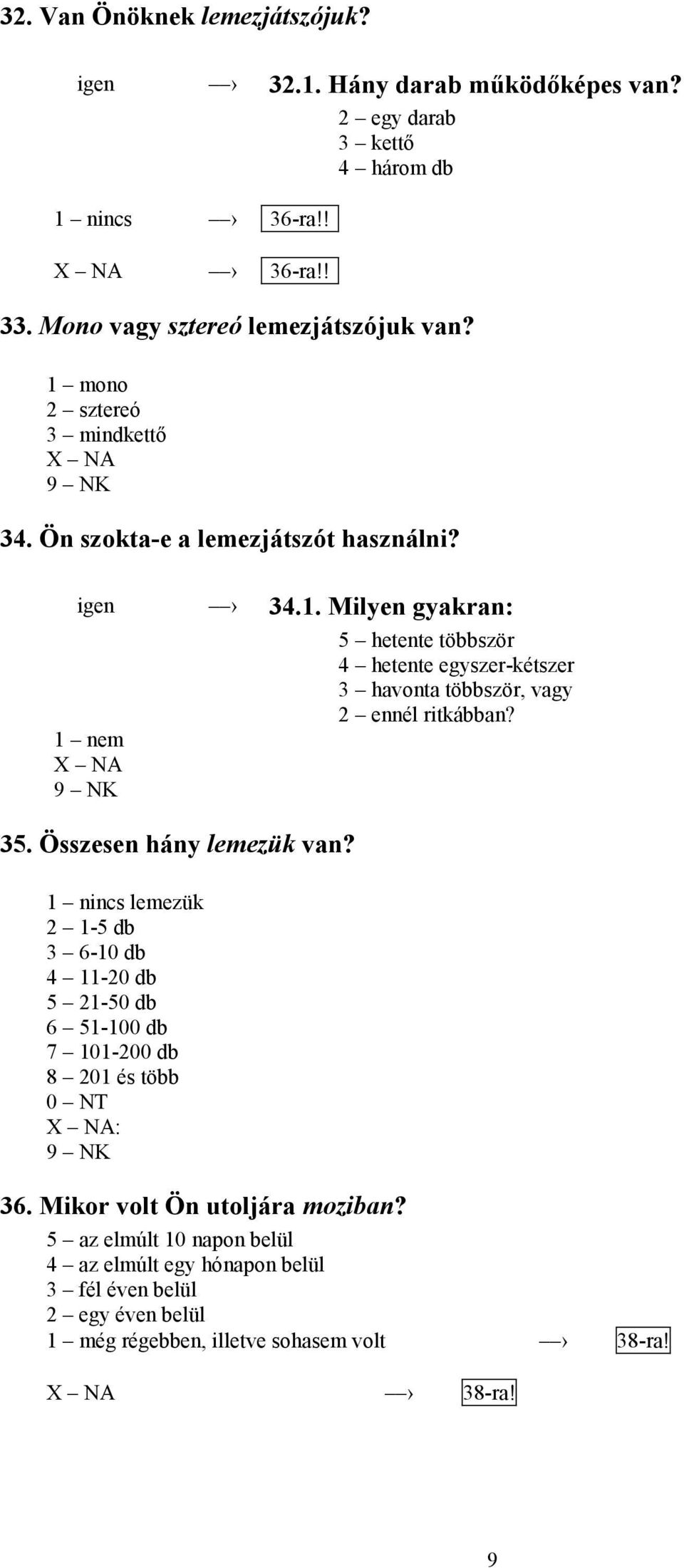 1 nem NA 35. Összesen hány lemezük van? 1 nincs lemezük 2 1-5 db 3 6-10 db 4 11-20 db 5 21-50 db 6 51-100 db 7 101-200 db 8 201 és több NT NA: 36.