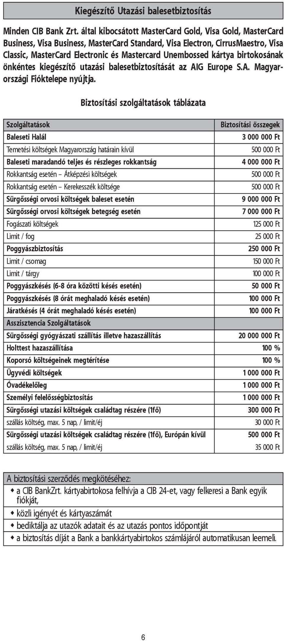 kártya birtokosának önkéntes kiegészítõ utazási balesetbiztosítását az AIG Europe S.A. Magyarországi Fióktelepe nyújtja.