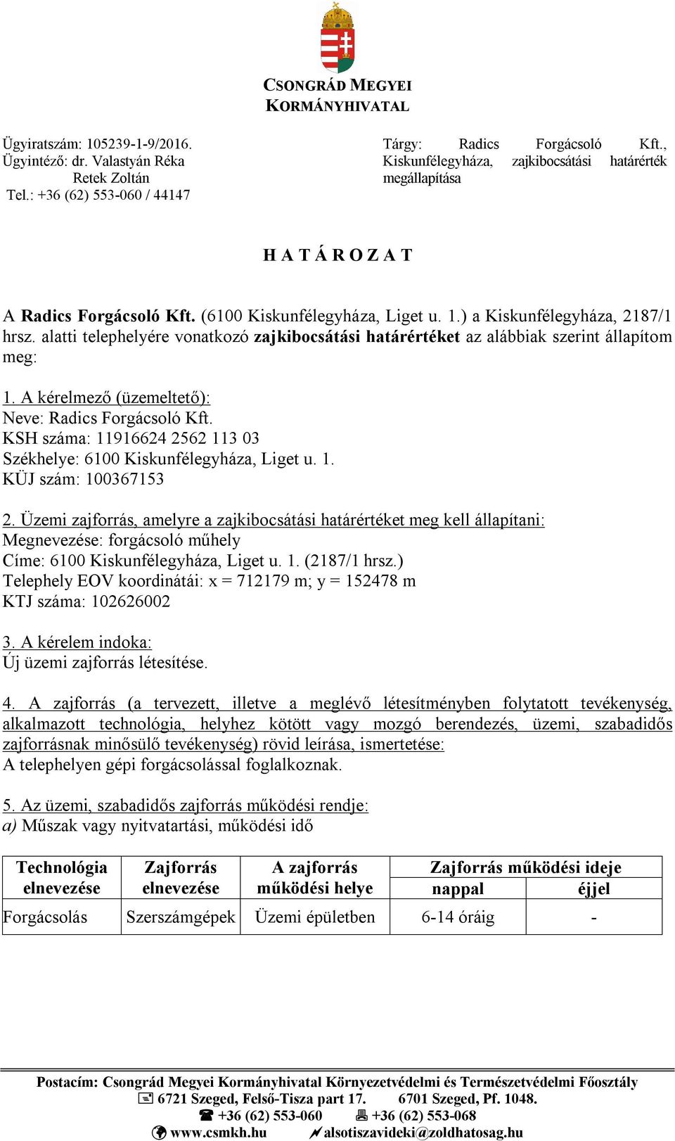 alatti telephelyére vonatkozó zajkibocsátási határértéket az alábbiak szerint állapítom meg: 1. A kérelmező (üzemeltető): Neve: Radics Forgácsoló Kft.