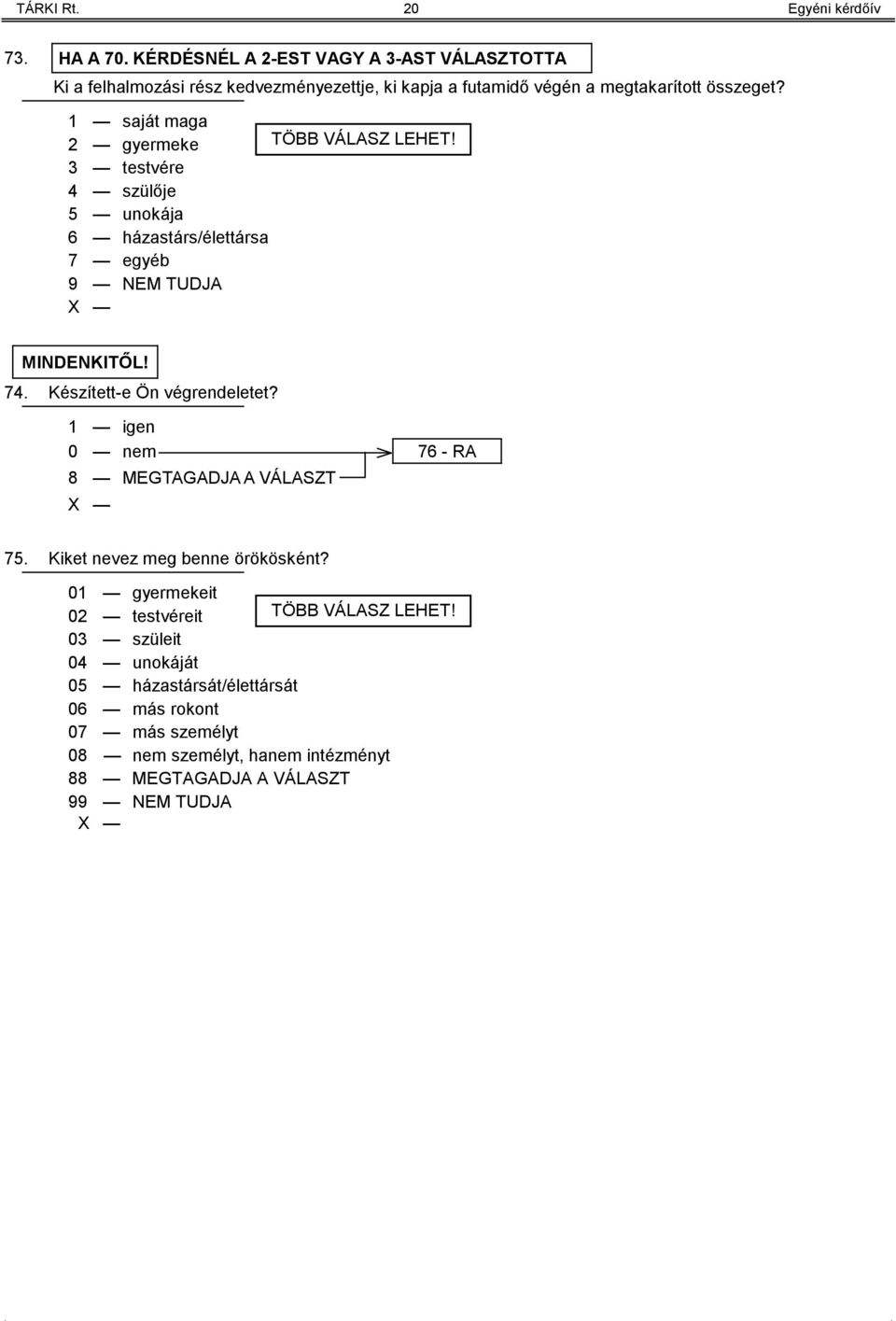 1 saját maga 2 gyermeke TÖBB VÁLASZ LEHET! 3 testvére 4 szülője 5 unokája 6 házastárs/élettársa 7 egyéb MINDENKITŐL! 74.