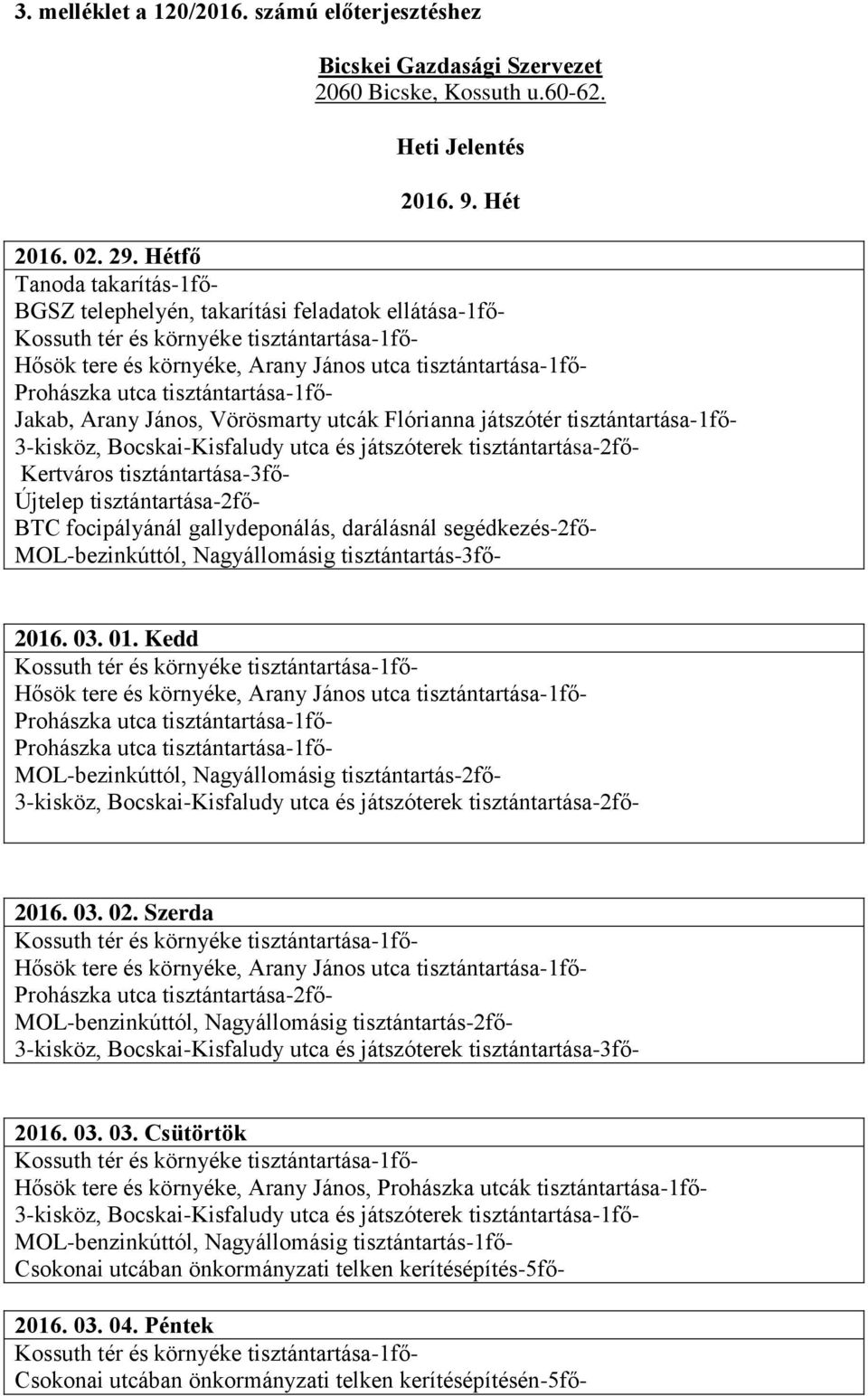 Vörösmarty utcák Flórianna játszótér tisztántartása-1fő- 3-kisköz, Bocskai-Kisfaludy utca és játszóterek tisztántartása-2fő- Kertváros tisztántartása-3fő- Újtelep tisztántartása-2fő- BTC focipályánál