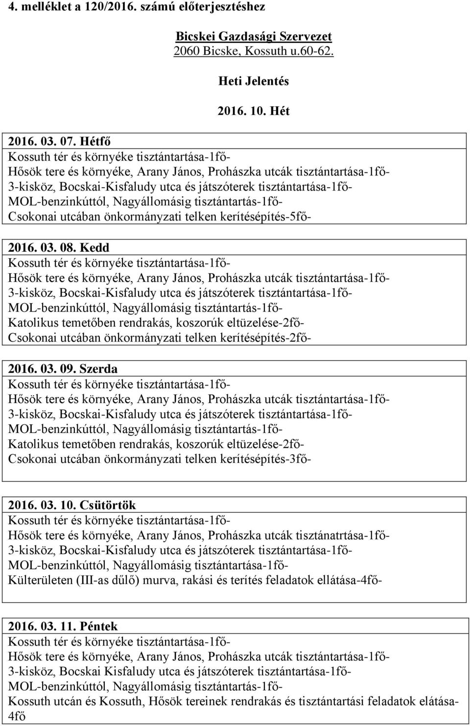 03. 09. Szerda Katolikus temetőben rendrakás, koszorúk eltüzelése-2fő- Csokonai utcában önkormányzati telken kerítésépítés-3fő- 2016. 03. 10.