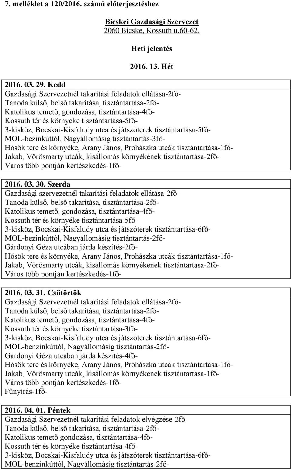 tisztántartása-5fő- 3-kisköz, Bocskai-Kisfaludy utca és játszóterek tisztántartása-5fő- MOL-bezinkúttól, Nagyállomásig tisztántartás-3fő- Jakab, Vörösmarty utcák, kisállomás környékének