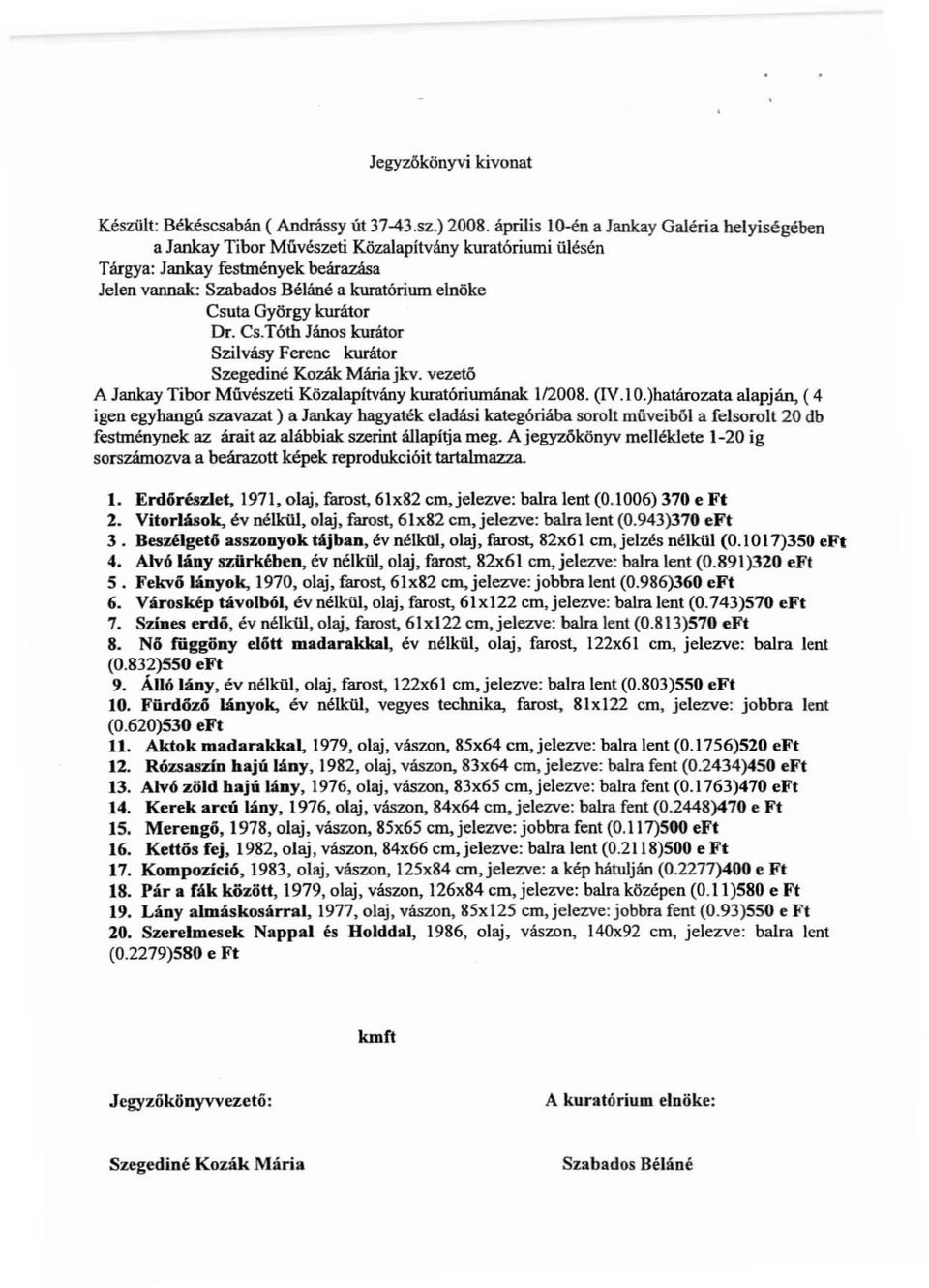 kurátor Dr. Cs.Tóth János kurátor Szilvágy Ferenc kurátor Szegediné Kozák Máriajkv. veze!ö A Jankay Tibor MűvészetiKöza1apltvány kuratóriumának 112008. (lv.l O.