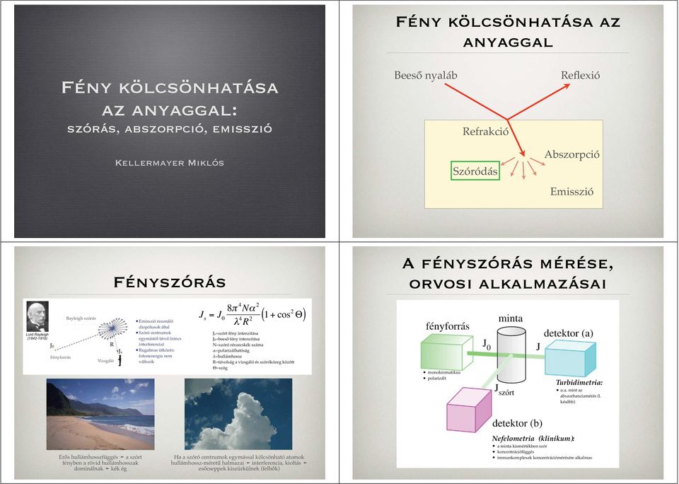 Js=szórt fény intenzitása J0=beeső fény intenzitása N=szóró részecskék száma α=polarizálhatóság λ=hullámhossz R=távolság a vizsgáló és szóróközeg között Θ=szög monokromatikus polarizált