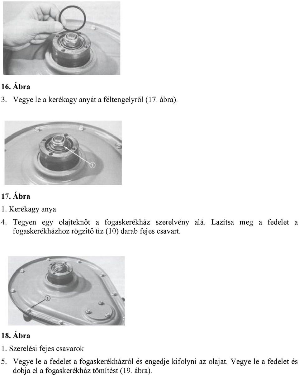 Lazítsa meg a fedelet a fogaskerékházhoz rögzítő tíz (10) darab fejes csavart. 18. Ábra 1.