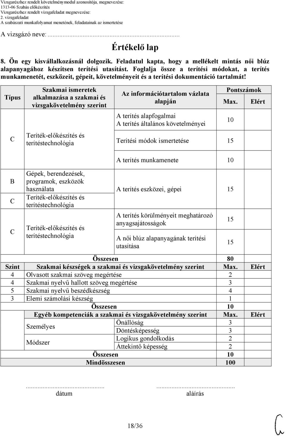Típus C Szakmai ismeretek alkalmazása a szakmai és vizsgakövetelmény szerint Teríték-előkészítés és terítéstechnológia Az információtartalom vázlata alapján A terítés alapfogalmai A terítés általános