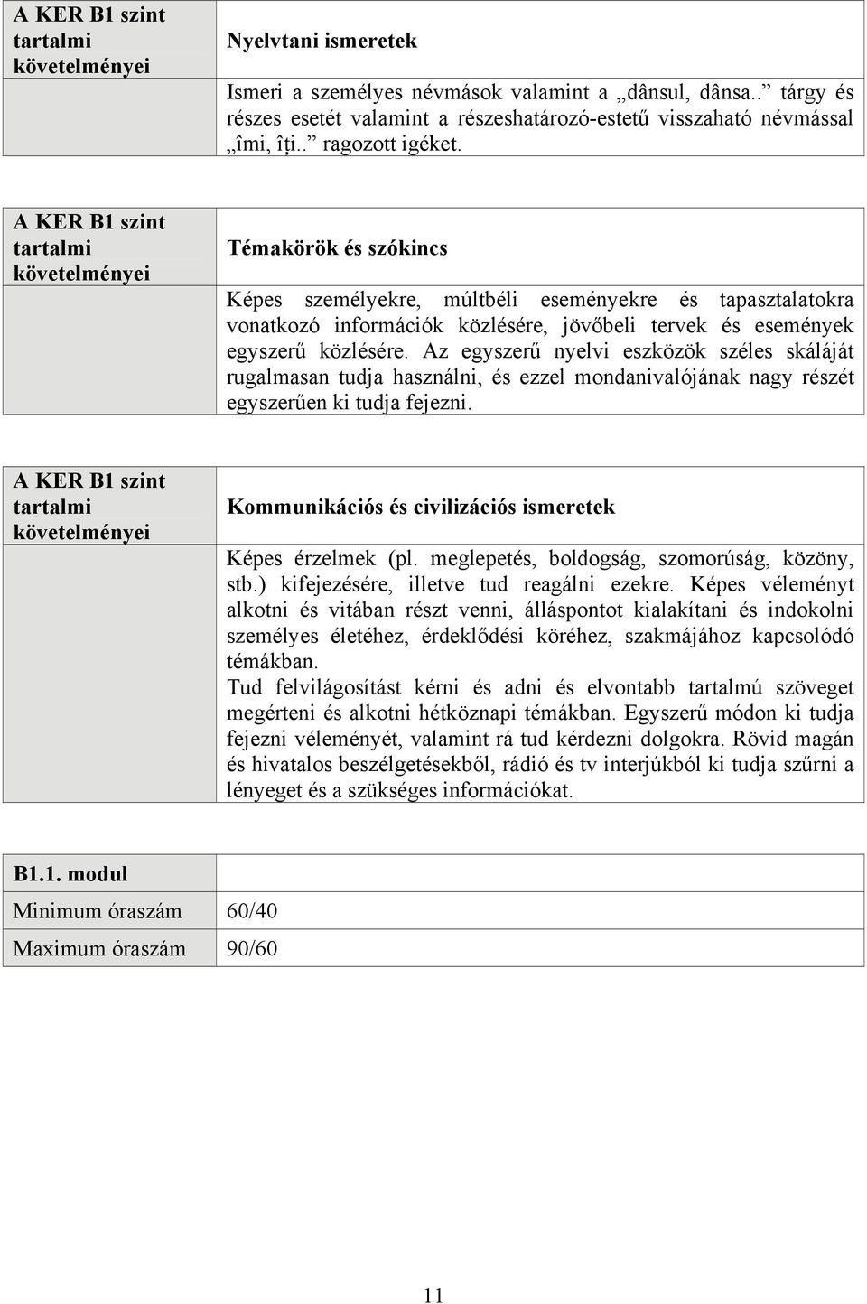 Az egyszerű nyelvi eszközök széles skáláját rugalmasan tudja használni, és ezzel mondanivalójának nagy részét egyszerűen ki tudja fejezni. A KER B1 szint Képes érzelmek (pl.