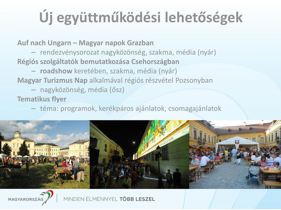 roadshow keretében, szakma, média (nyár) Magyar Turizmus Nap alkalmával régiós részvétel