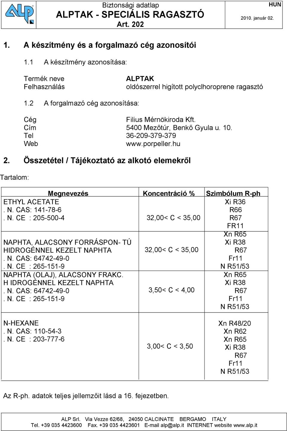 10. Tel 36-209-379-379 Web www.porpeller.hu 2. Összetétel / Tájékoztató az alkotó elemekről Tartalom: ETHYL ACETATE. N.