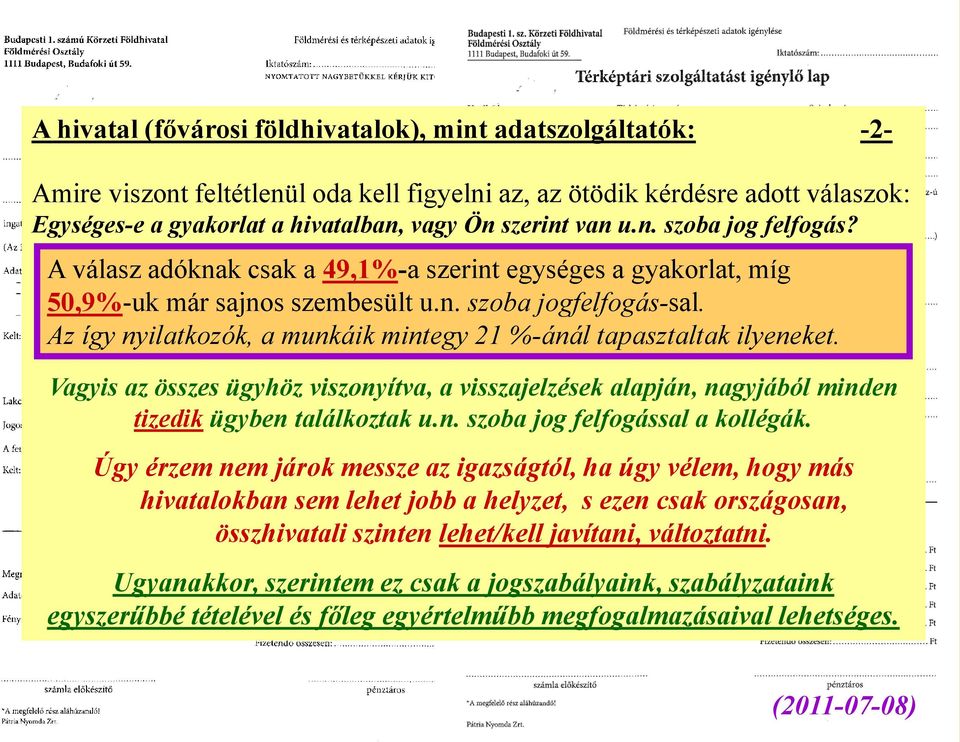 Az így nyilatkozók, a munkáik mintegy 21 %-ánál tapasztaltak ilyeneket. Vagyis az összes ügyhöz viszonyítva, a visszajelzések alapján, nagyjából minden tizedik ügyben találkoztak u.n. szoba jog felfogással a kollégák.