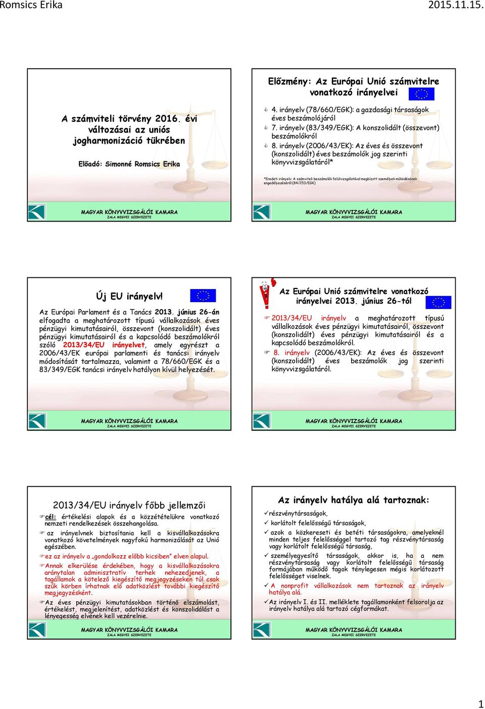 irányelv (2006/43/EK): Az éves és összevont (konszolidált) éves k jog szerinti könyvvizsgálatáról* *Eredeti irányelv: A számviteli k felülvizsgálatával megbízott személyek működésének