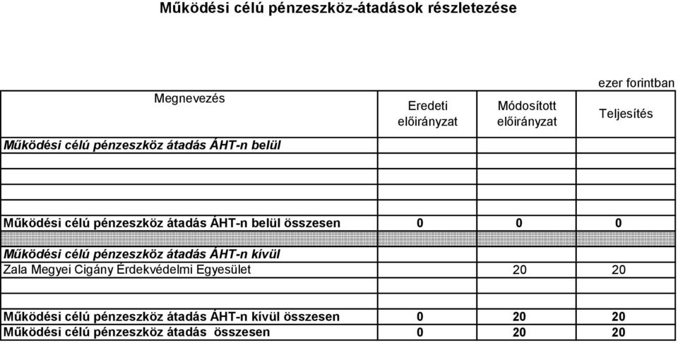 ÁHTn belül összesen Működési célú pénzeszköz átadás ÁHTn kívül Zala Megyei Cigány Érdekvédelmi