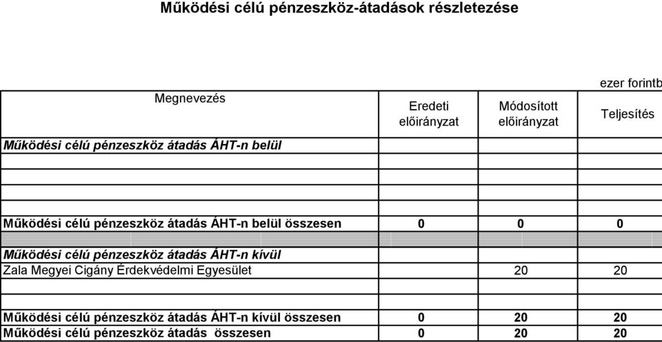 belül összesen Működési célú pénzeszköz átadás ÁHTn kívül Zala Megyei Cigány Érdekvédelmi Egyesület