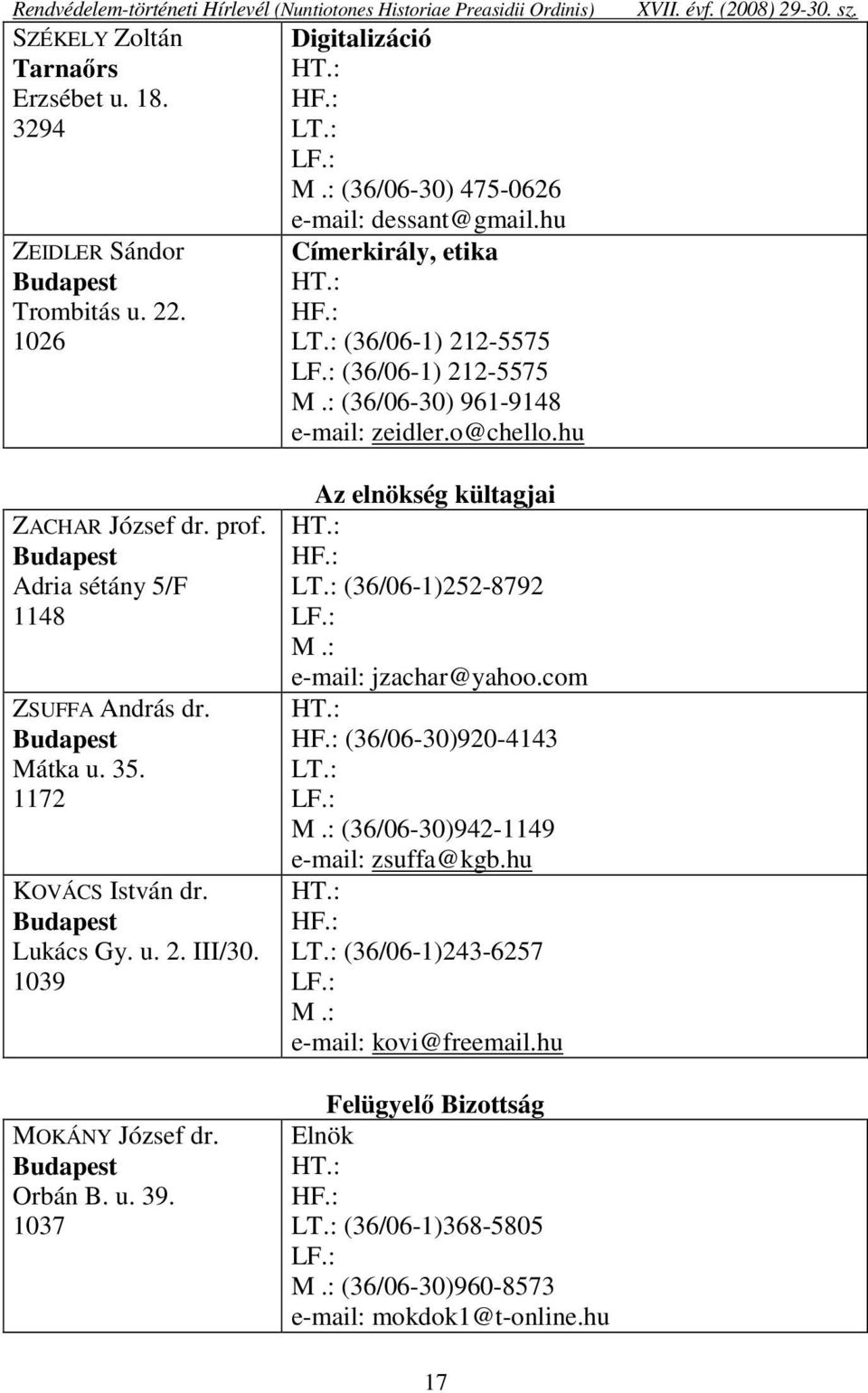 sz. ZACHAR József dr. prof. Budapest Adria sétány 5/F 1148 ZSUFFA András dr. Budapest Mátka u. 35. 1172 KOVÁCS István dr. Budapest Lukács Gy. u. 2. III/30. 1039 MOKÁNY József dr. Budapest Orbán B. u. 39.