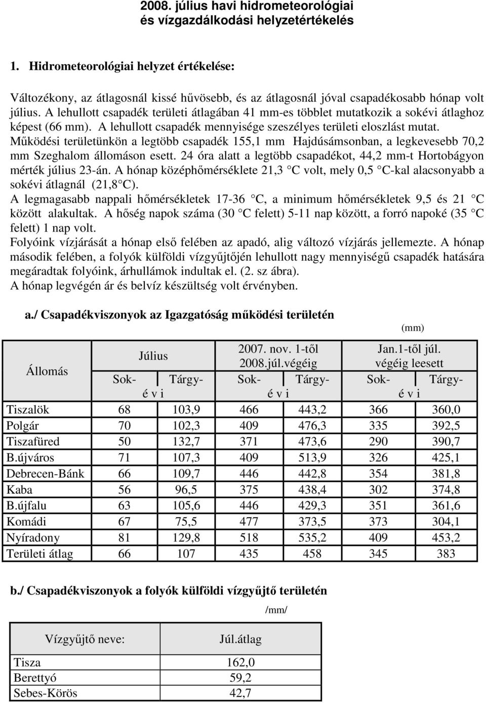 A lehullott csapadék területi átlagában 41 mm-es többlet mutatkozik a sokévi átlaghoz képest (66 mm). A lehullott csapadék mennyisége szeszélyes területi eloszlást mutat.