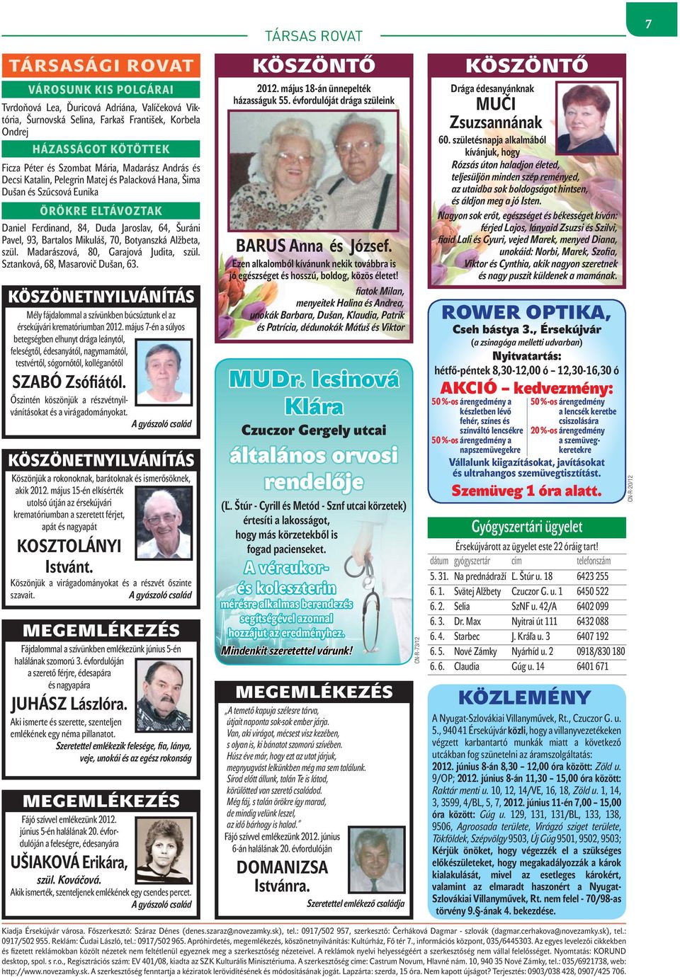 Botyanszká Alžbeta, szül. Madarászová, 80, Garajová Judita, szül. Sztanková, 68, Masarovič Dušan, 63.