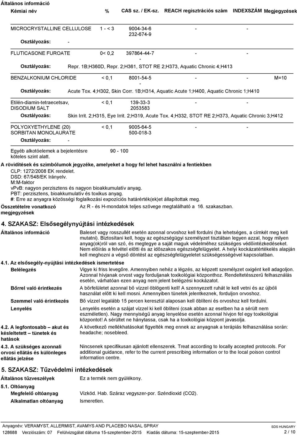 1B;H314, Aquatic Acute 1;H400, Aquatic Chronic 1;H410 Etiléndiamintetraecetsav, DISODIUM SALT < 0,1 139333 2053583 Osztályozás: Skin Irrit. 2;H315, Eye Irrit. 2;H319, Acute Tox.