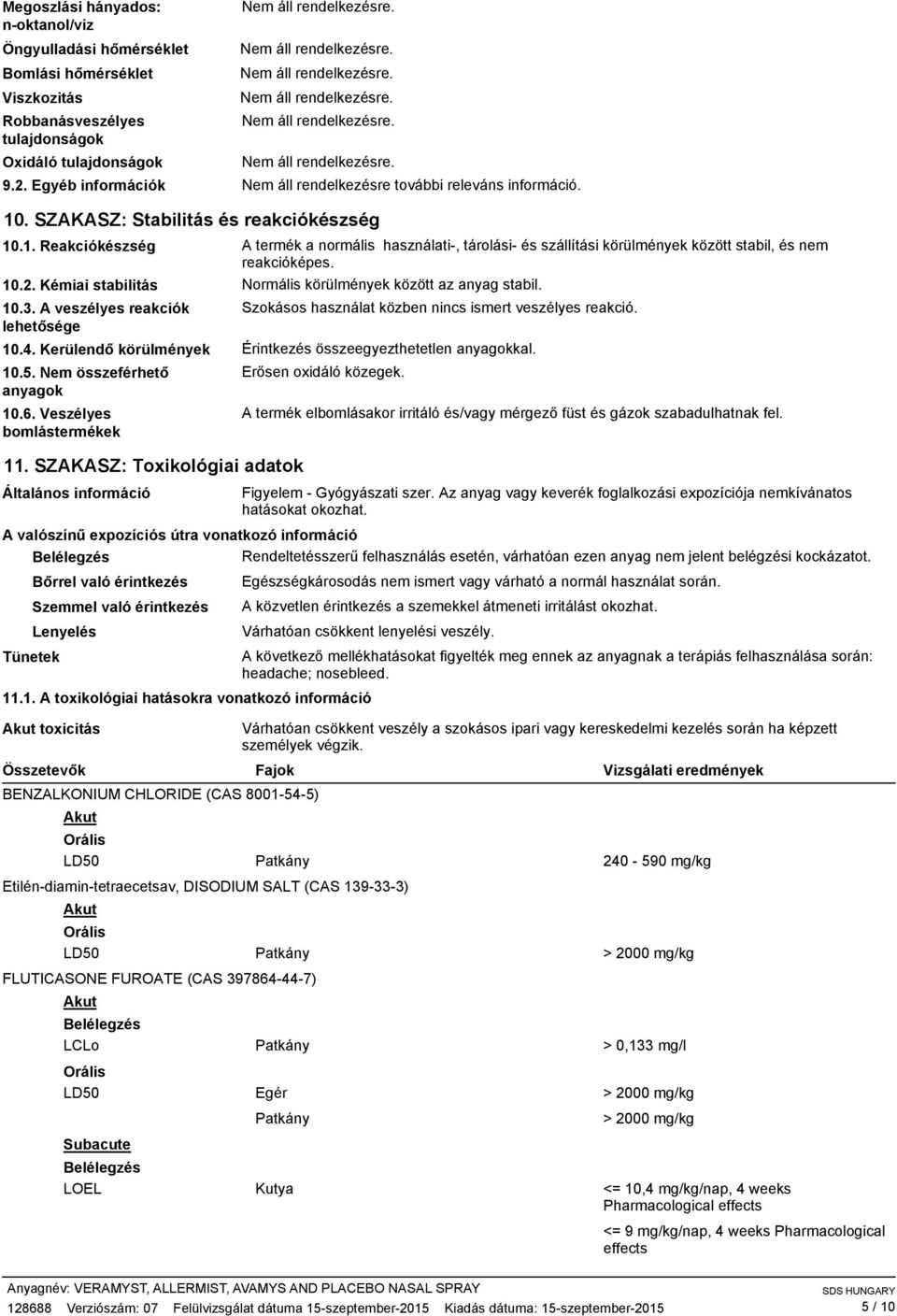 10.2. Kémiai stabilitás Normális körülmények között az anyag stabil. 10.3. A veszélyes reakciók lehetősége Szokásos használat közben nincs ismert veszélyes reakció. 10.4.