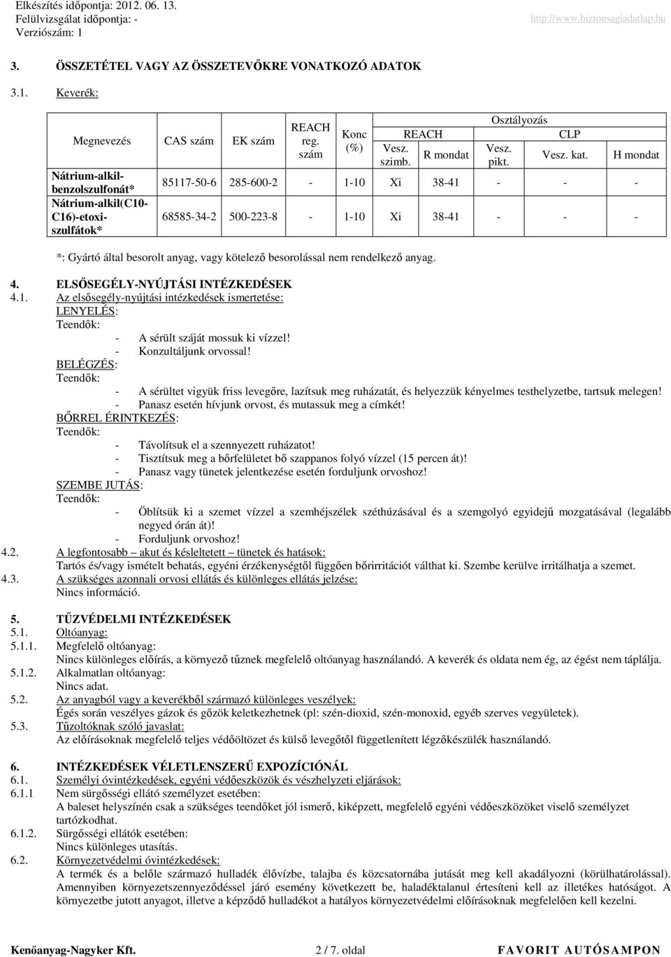 H mondat 85117506 2856002 110 Xi 3841 68585342 5002238 110 Xi 3841 *: Gyártó által besorolt anyag, vagy kötelezı besorolással nem rendelkezı anyag. 4. ELSİSEGÉLYNYÚJTÁSI INTÉZKEDÉSEK 4.1. Az elsısegélynyújtási intézkedések ismertetése: LENYELÉS: A sérült száját mossuk ki vízzel!