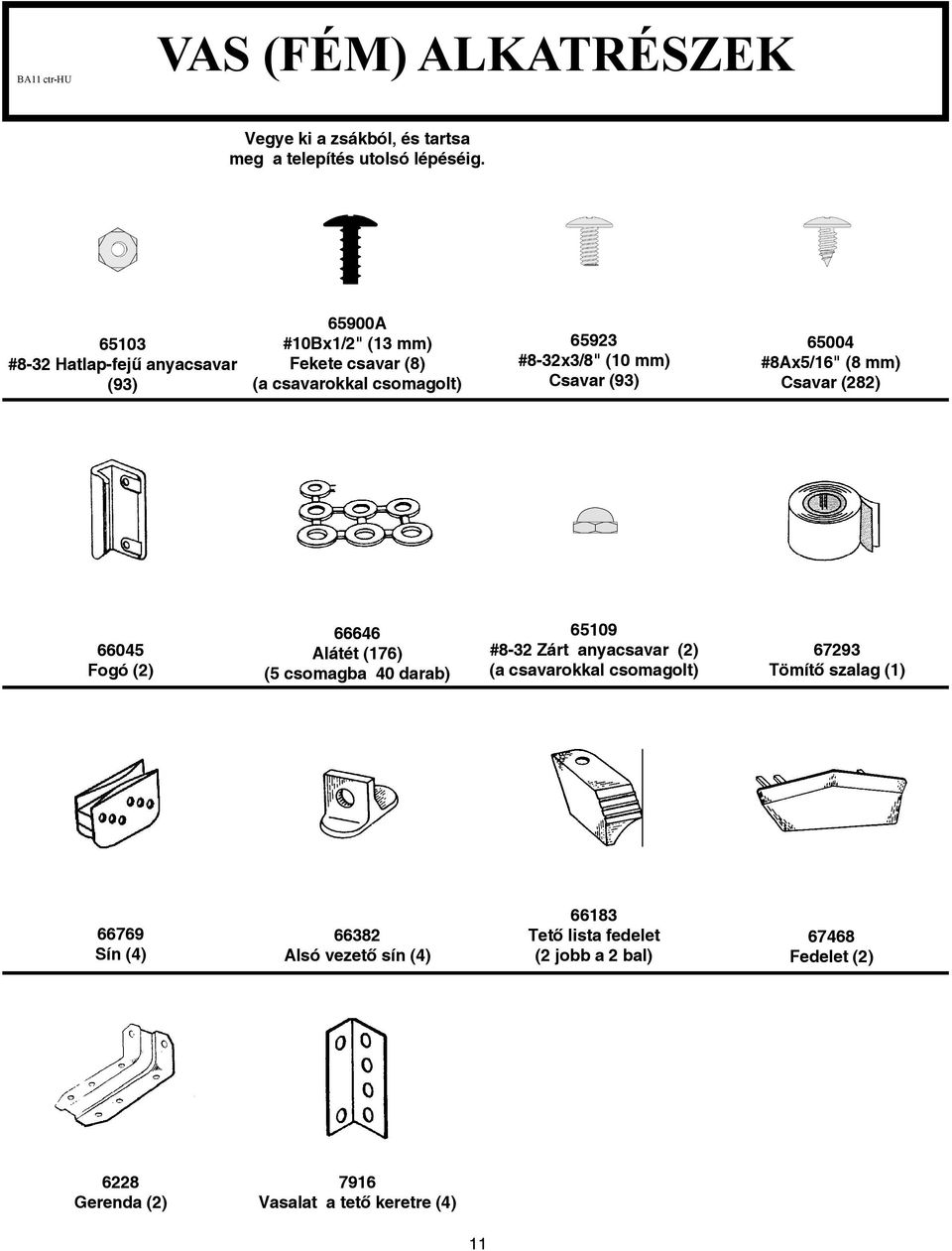 (93) 65004 #8Ax5/6" (8 mm) Csavar (282) 66045 Fogó (2) 66646 Alátét (76) (5 csomagba 40 darab) 6509 #8-32 Zárt anyacsavar (2) (a