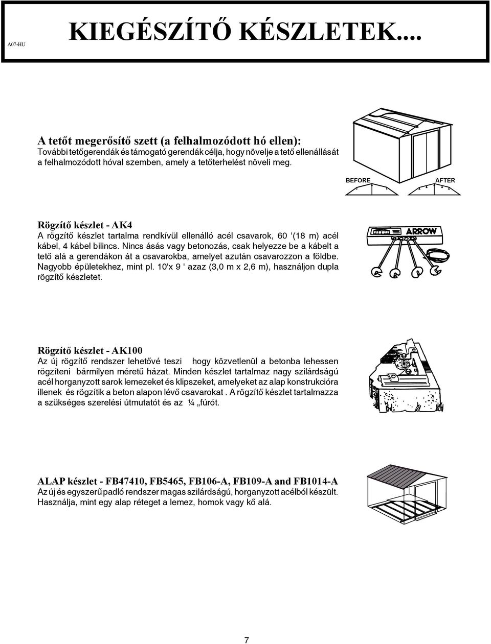 meg. BEFORE AFTER Rögzítő készlet - AK4 A rögzítő készlet tartalma rendkívül ellenálló acél csavarok, 60 '(8 m) acél kábel, 4 kábel bilincs.