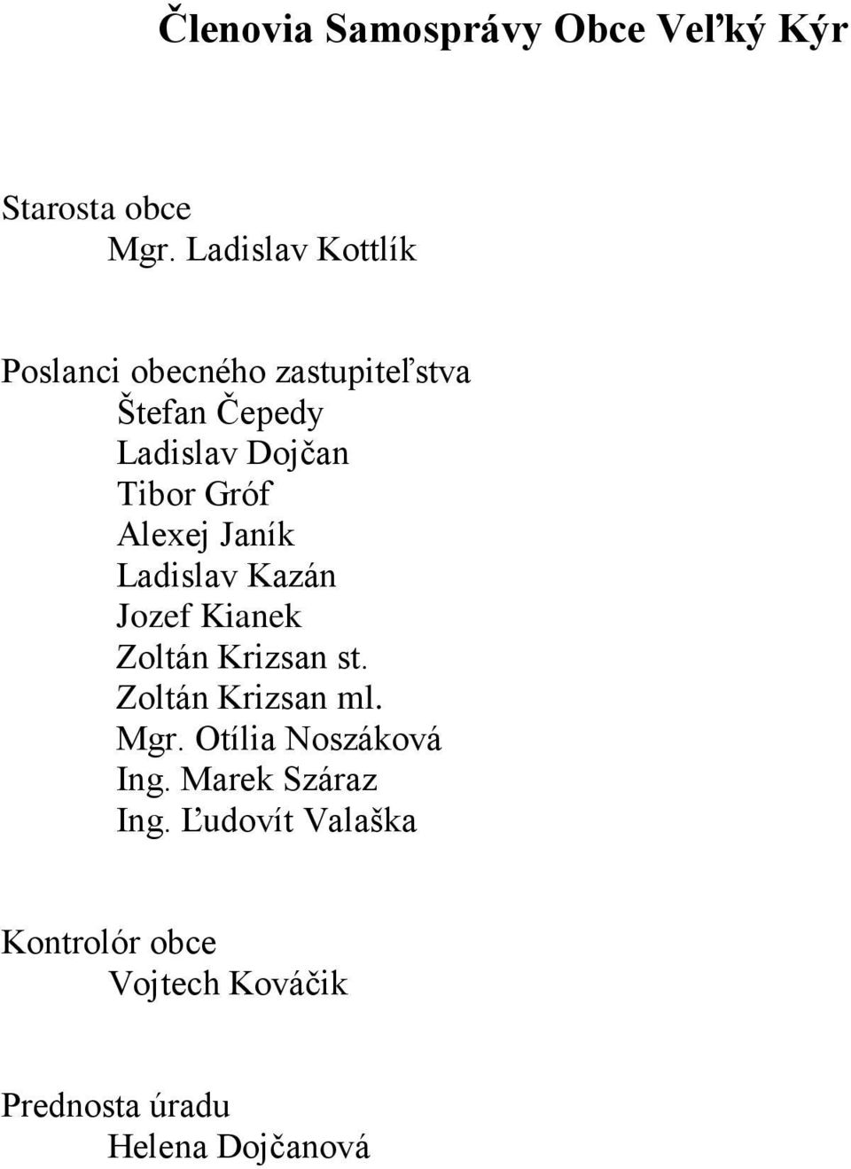 Gróf Alexej Janík Ladislav Kazán Jozef Kianek Zoltán Krizsan st. Zoltán Krizsan ml.