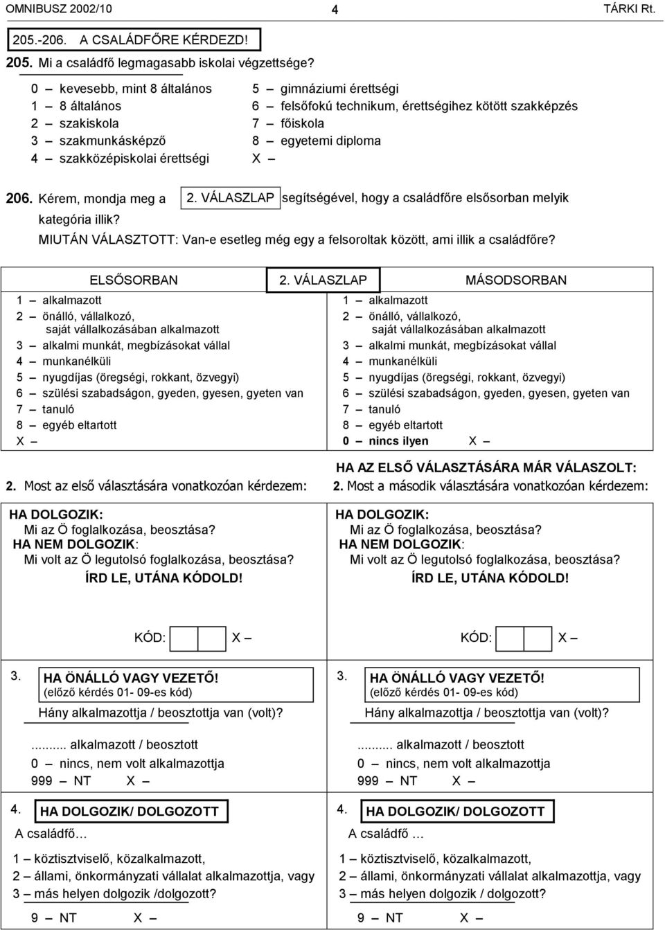 érettségi 206. Kérem, mondja meg a 2. VÁLASZLAP segítségével, hogy a családfőre elsősorban melyik kategória illik?