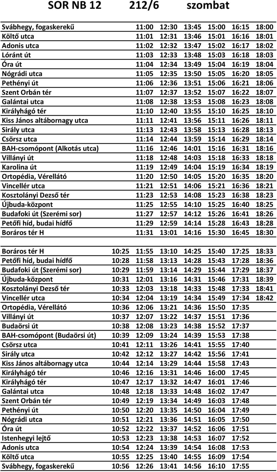 15:07 16:22 18:07 Galántai utca 11:08 12:38 13:53 15:08 16:23 18:08 Királyhágó tér 11:10 12:40 13:55 15:10 16:25 18:10 Kiss János altábornagy utca 11:11 12:41 13:56 15:11 16:26 18:11 Sirály utca