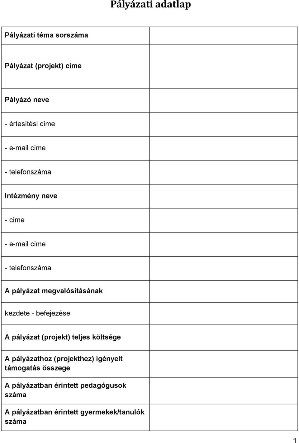 kezdete - befejezése A pályázat (projekt) teljes költsége A pályázathoz (projekthez) igényelt