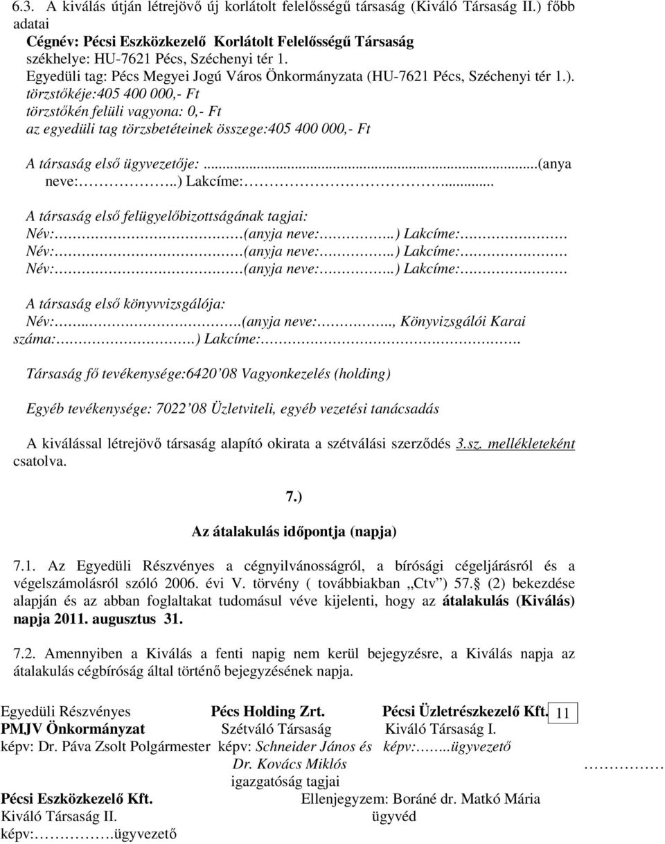 törzstıkéje:405 400 000,- Ft törzstıkén felüli vagyona: 0,- Ft az egyedüli tag törzsbetéteinek összege:405 400 000,- Ft A társaság elsı ügyvezetıje:...(anya neve:..) Lakcíme:.