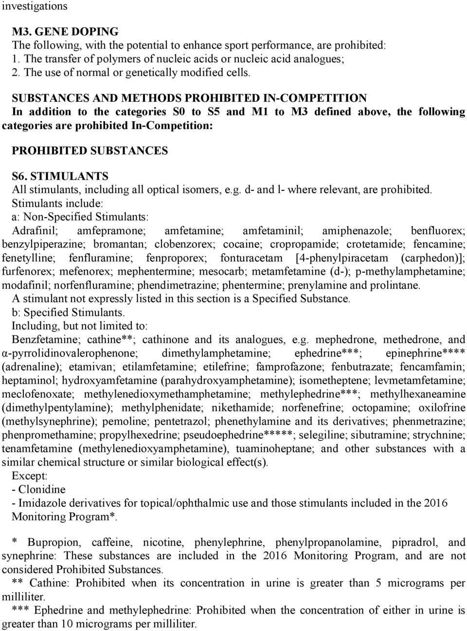 SUBSTANCES AND METHODS PROHIBITED IN-COMPETITION In addition to the categories S0 to S5 and M1 to M3 defined above, the following categories are prohibited In-Competition: PROHIBITED SUBSTANCES S6.