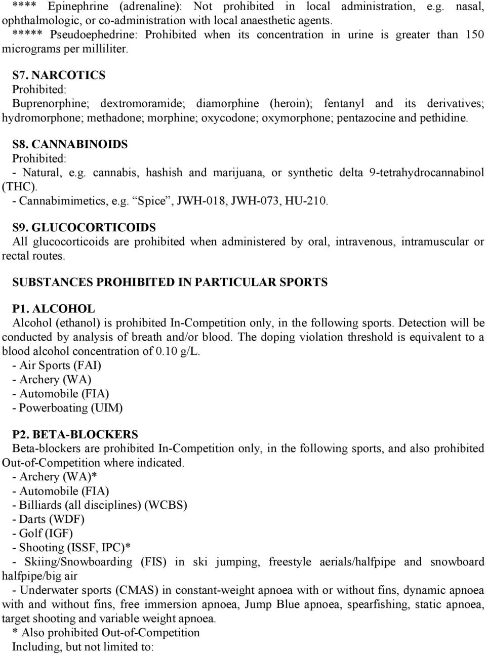 NARCOTICS Prohibited: Buprenorphine; dextromoramide; diamorphine (heroin); fentanyl and its derivatives; hydromorphone; methadone; morphine; oxycodone; oxymorphone; pentazocine and pethidine. S8.
