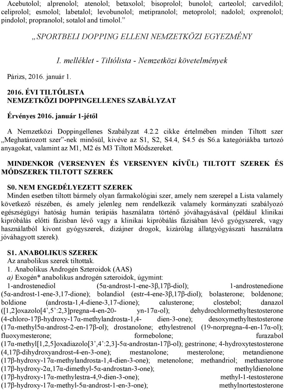 ÉVI TILTÓLISTA NEMZETKÖZI DOPPINGELLENES SZABÁLYZAT Érvényes 2016. január 1-jétől A Nemzetközi Doppingellenes Szabályzat 4.2.2 cikke értelmében minden Tiltott szer Meghatározott szer -nek minősül, kivéve az S1, S2, S4.