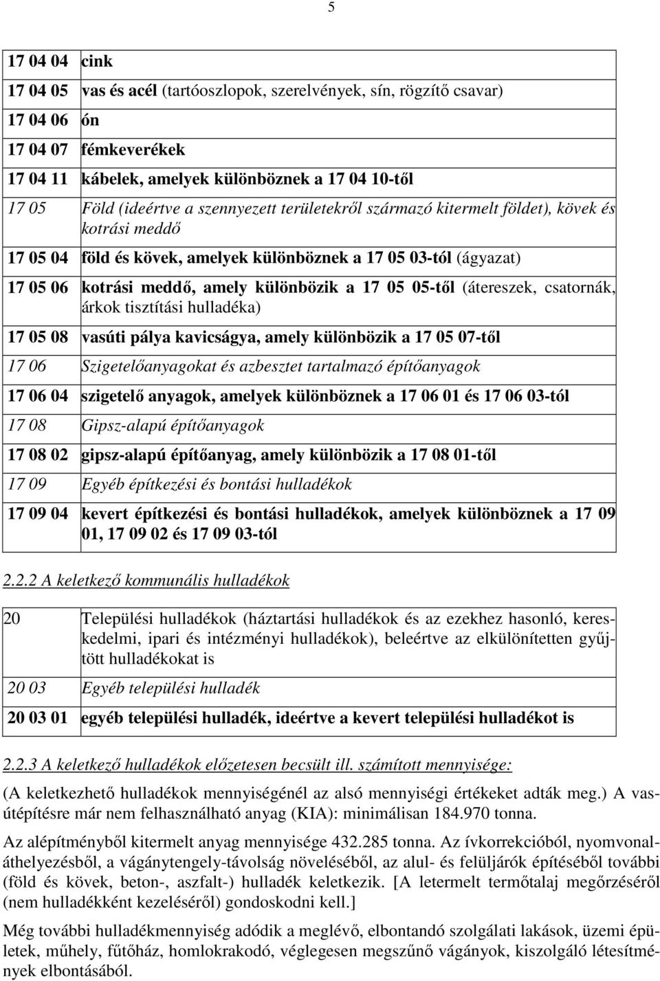 05-tıl (átereszek, csatornák, árkok tisztítási hulladéka) 17 05 08 vasúti pálya kavicságya, amely különbözik a 17 05 07-tıl 17 06 Szigetelıanyagokat és azbesztet tartalmazó építıanyagok 17 06 04