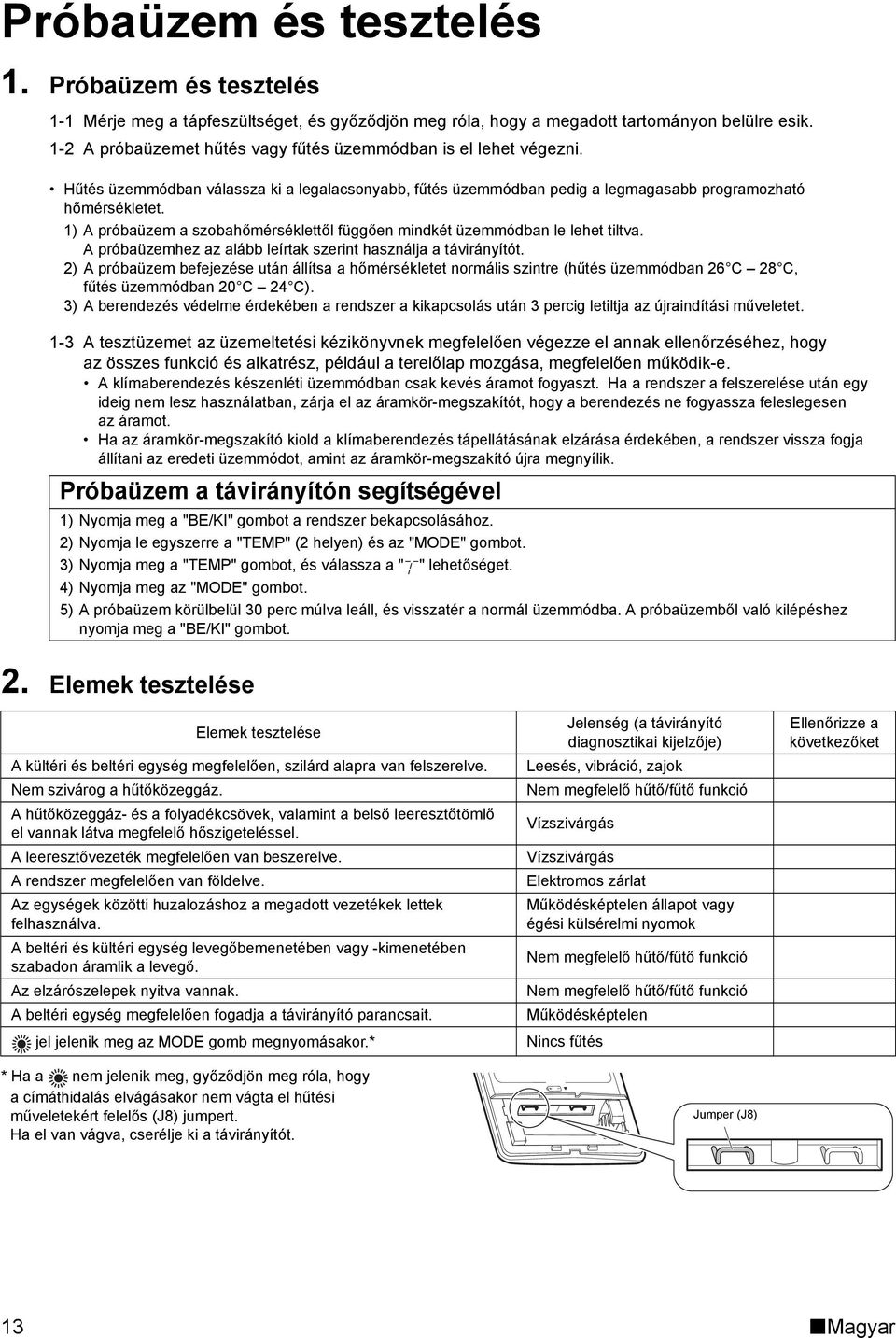1) A próbaüzem a szobahőmérséklettől függően mindkét üzemmódban le lehet tiltva. A próbaüzemhez az alább leírtak szerint használja a távirányítót.