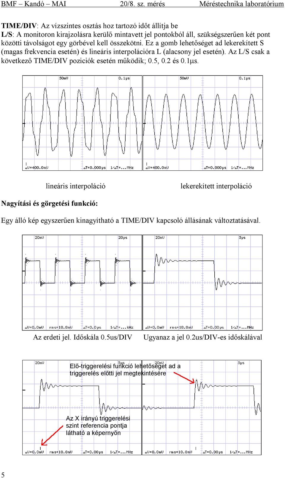 2 és 0.1 s. lineáris interpoláció lekerekített interpoláció Nagyítási és görgetési funkció: Egy álló kép egyszerűen kinagyítható a TIME/DIV kapcsoló állásának változtatásával. Az erdeti jel.