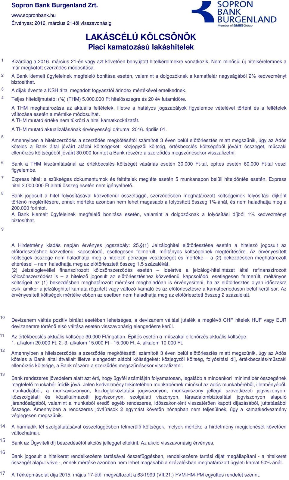 A díjak évente a KSH által megadott fogyasztói árindex mértékével emelkednek. mutató: (%) (THM) 5.000.000 Ft hitel és 20 év futamidőre.