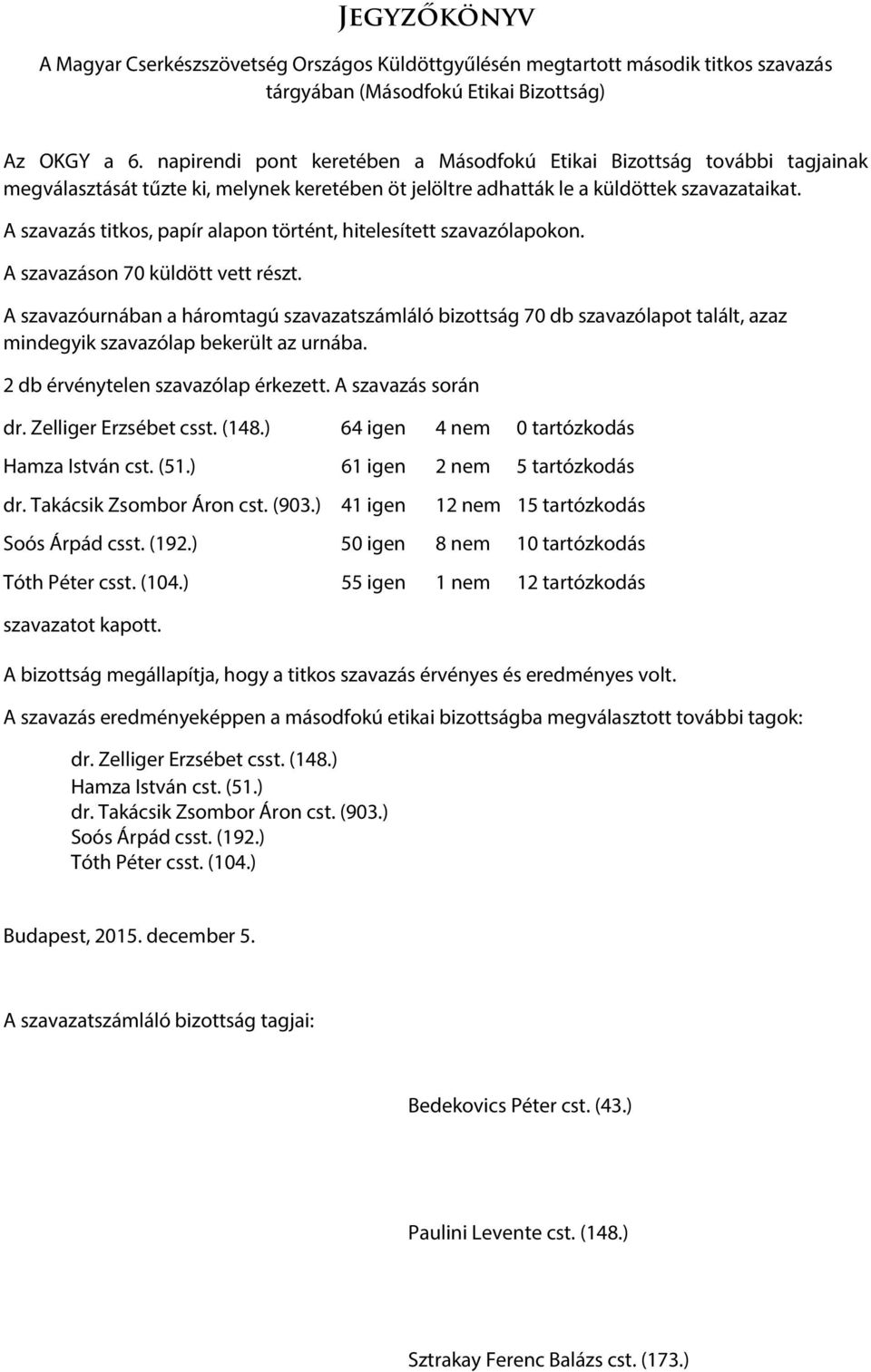 A szavazás titkos, papír alapon történt, hitelesített szavazólapokon. A szavazáson 70 küldött vett részt.