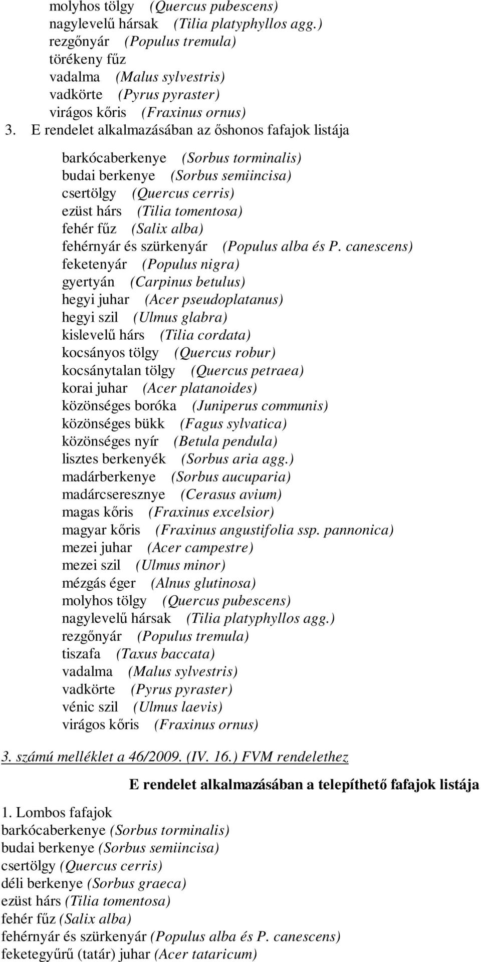 E rendelet alkalmazásában az őshonos fafajok listája barkócaberkenye (Sorbus torminalis) budai berkenye (Sorbus semiincisa) csertölgy (Quercus cerris) ezüst hárs (Tilia tomentosa) fehér fűz (Salix